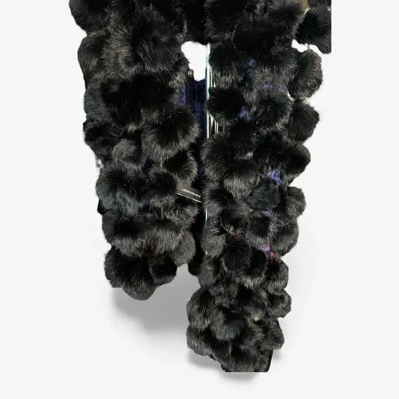 Valerie Stevens Luxurious Black Rabbit Fur Pom Pom Scarf Wrap OS 60”